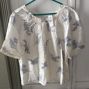 LOFT Cream Short-Sleeve Blouse with Blue Botanical Print